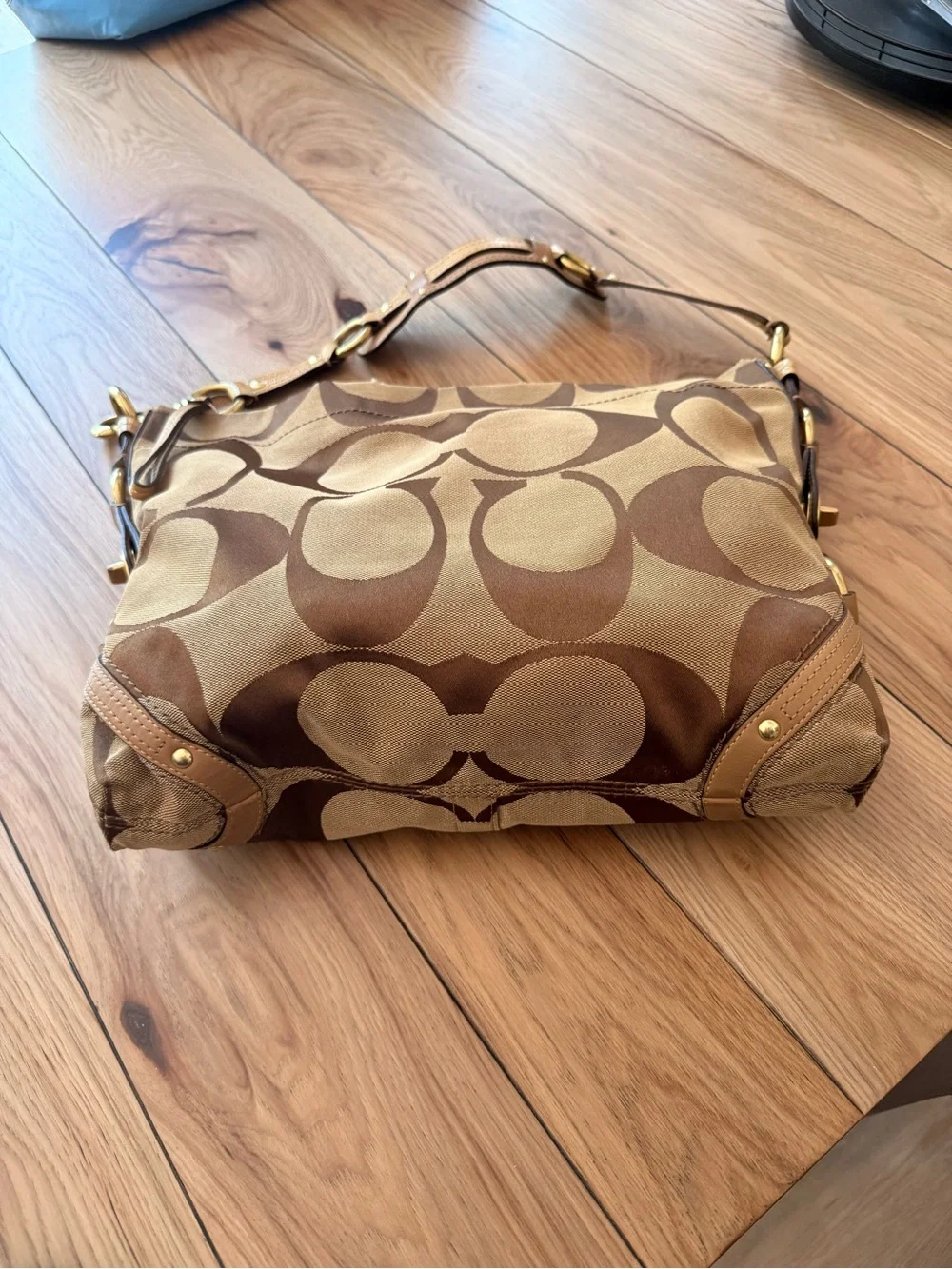 Coach Carly Slim Signature Brown Tan Hobo Purse Handbag E0873-12873